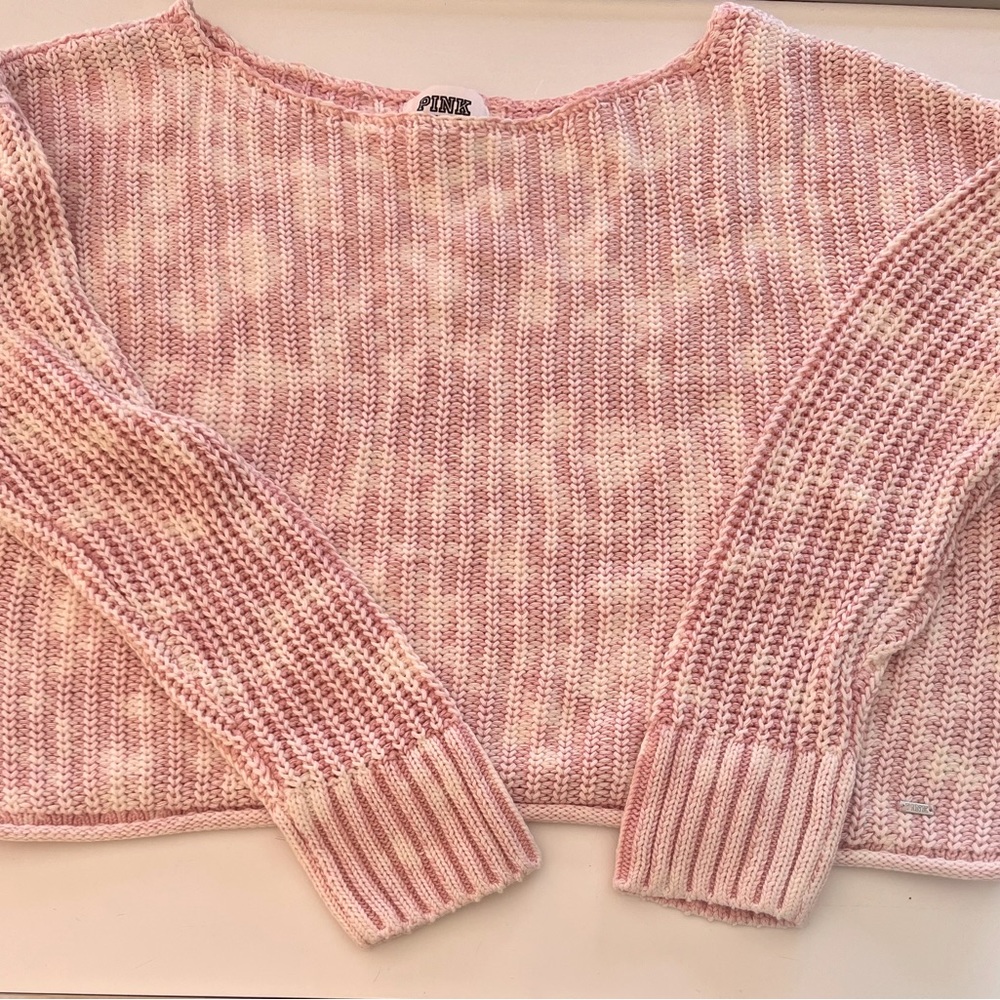Victoria Secret crop sweater fits big XS pink and white long sleeves